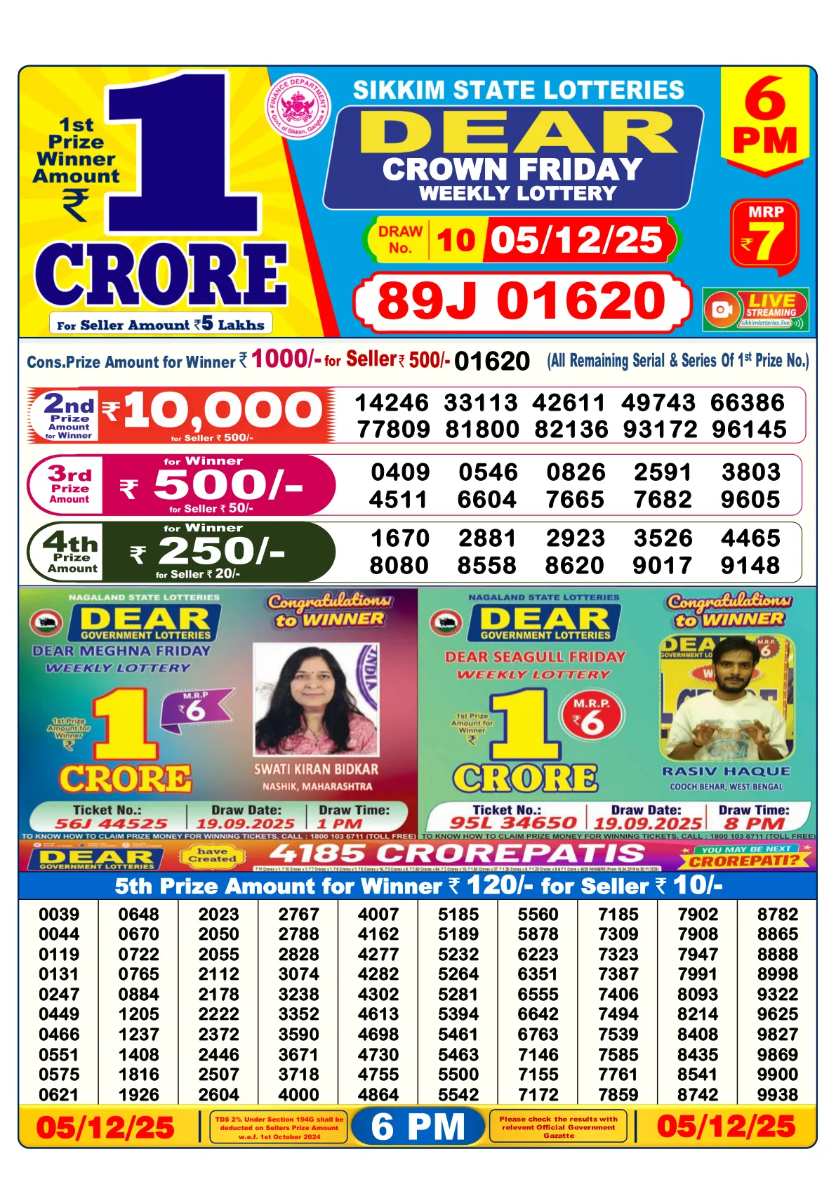 Lottery Sambad Evening 6PM Result 05-12-2025 - Dear Day