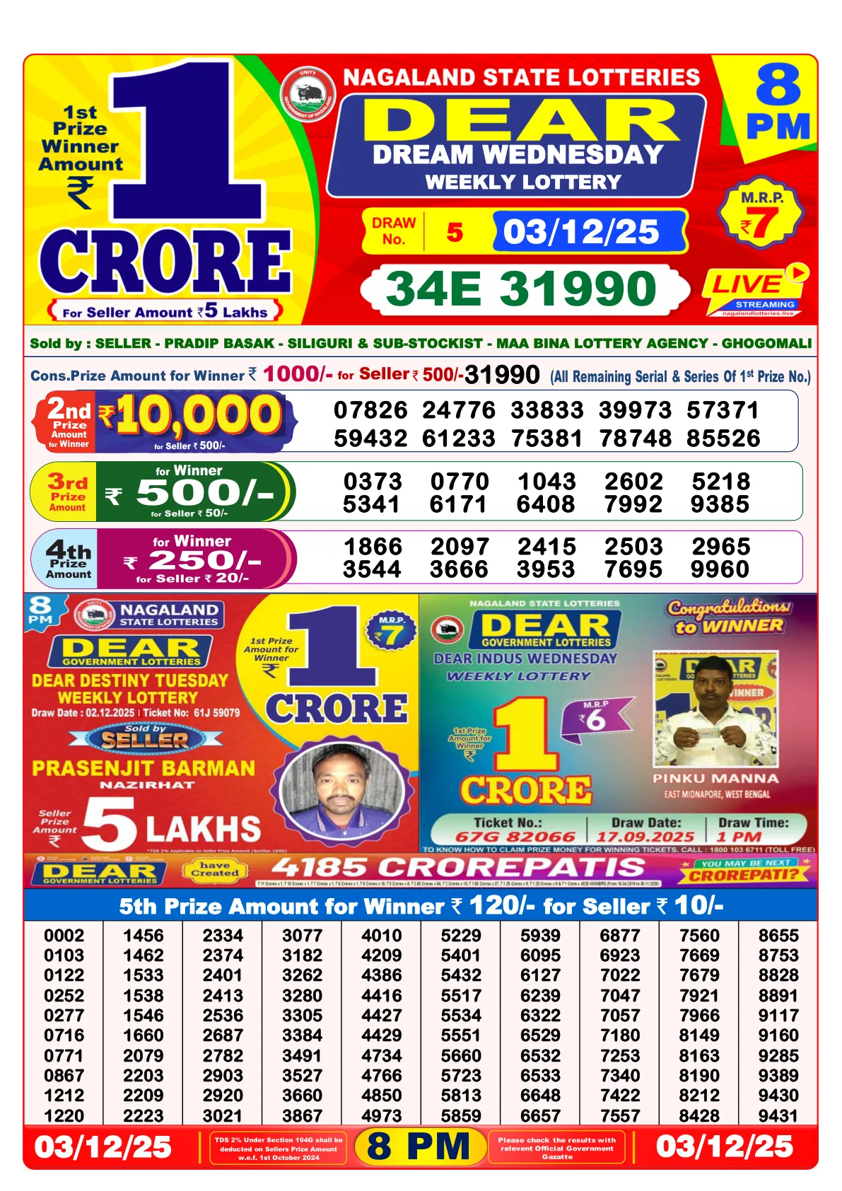 Lottery Sambad Old Result - 03/12/2025 | 8PM