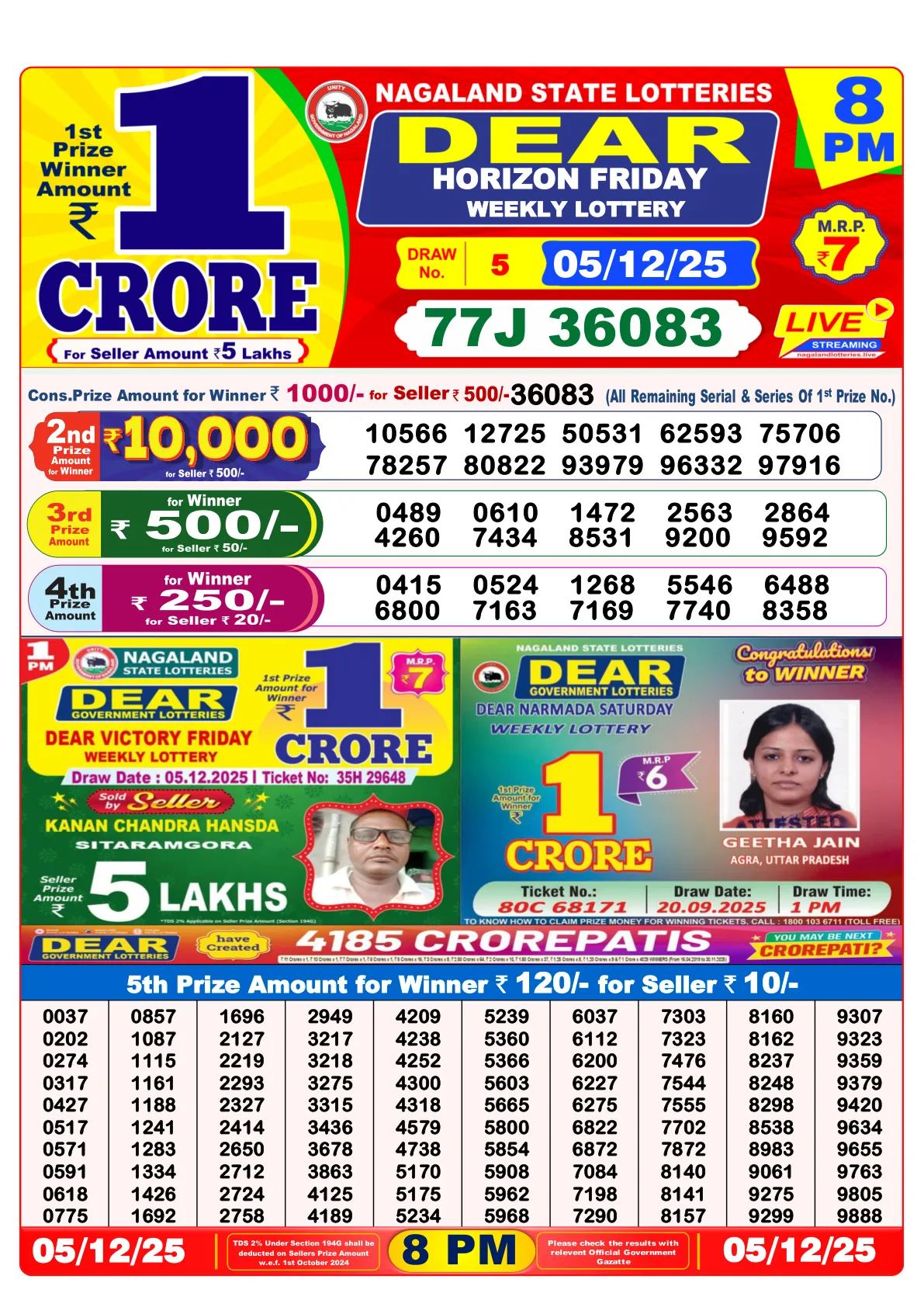 Lottery Sambad Night 8PM Result 05-12-2025 - Dear Night